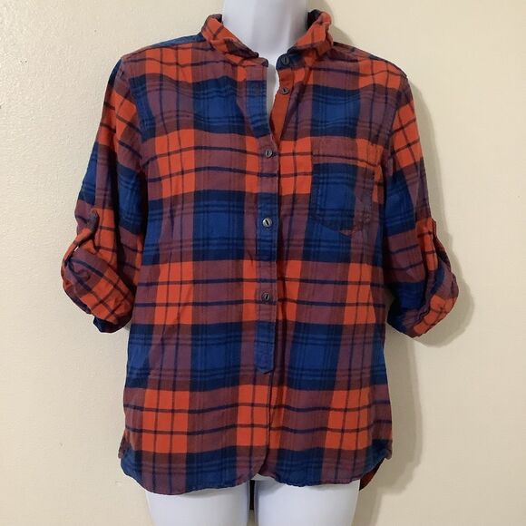 Jack's Girlfriend Blue Orange Plaid Flannel Cotton Country Button Up Shirt Small - Picture 1 of 9